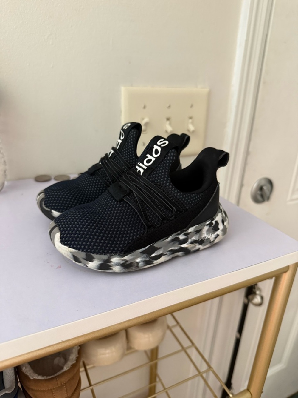 adidas Kids Black Knit Slip-On Sneakers with Black-and-White Camo Sole